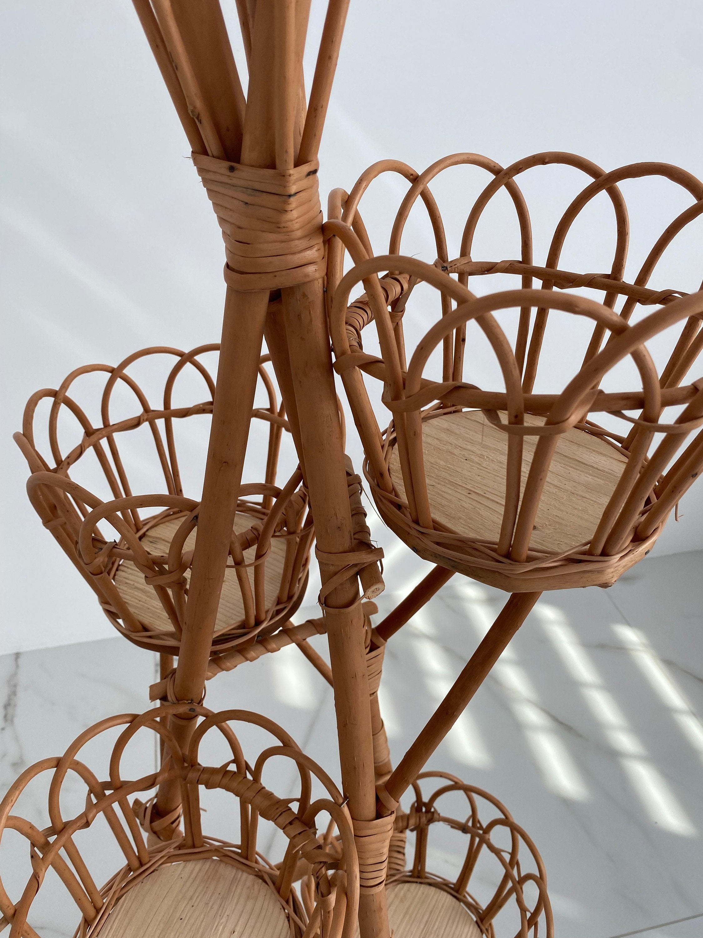 Rattan Plant Stand, Natural Planter Brown, Tree Planter Stand, Wicker Flower Stand, Vine stand for 5 flowerpots