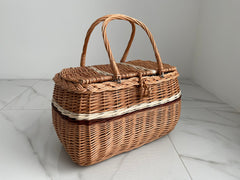 Picnic basket, Picnic Wicker Basket, Wicker Market Shopping, Picnic Basket, Handmade, Three Color Basket with One Top Handle Medium Size
