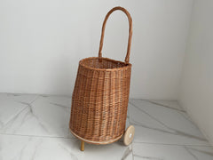 Wicker Shopping Cart with Handle, Willow Shopping Cart, Wheeled Basket, Picnic Basket with Handle