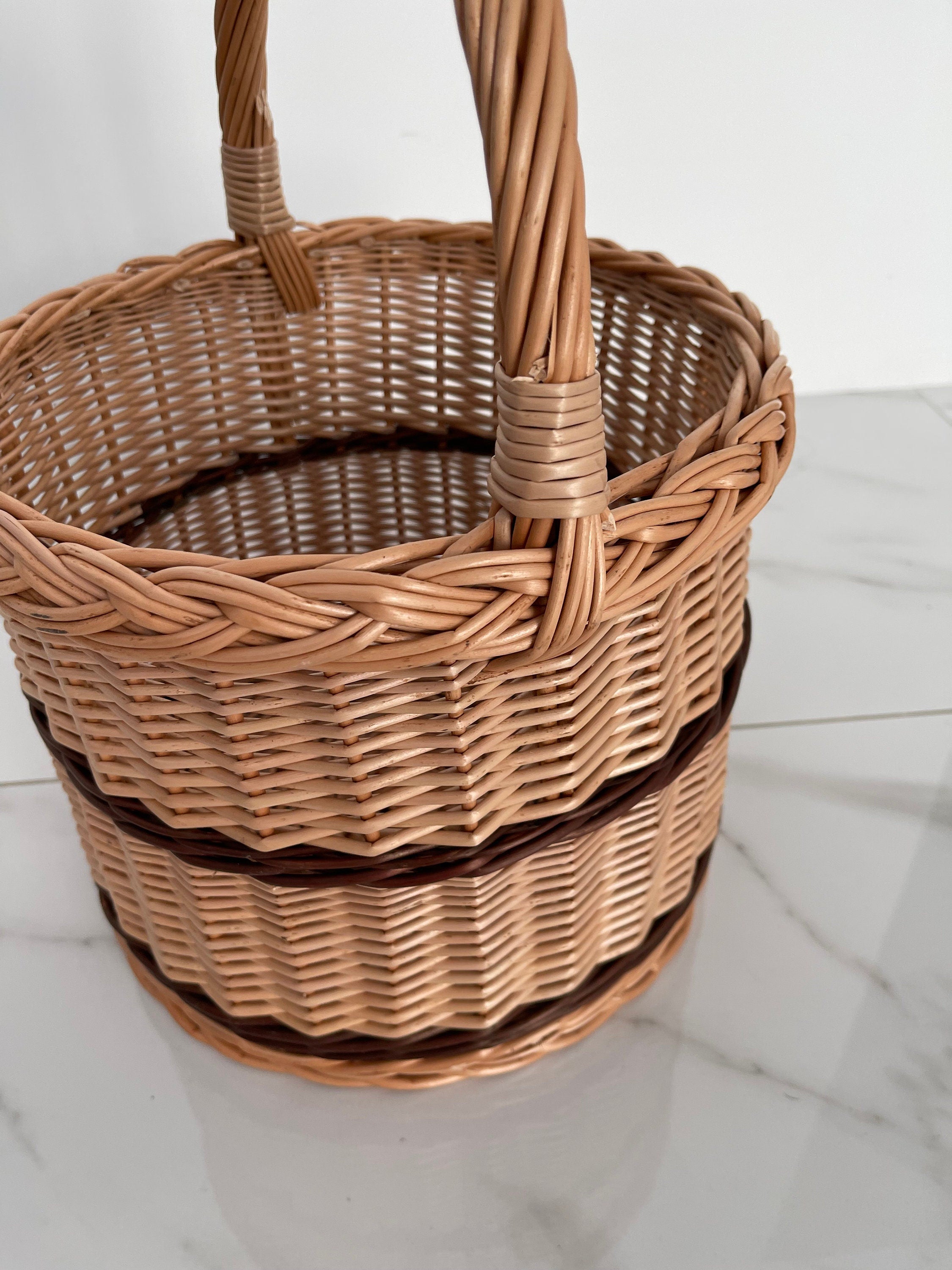 Wicker Shopping Basket, Round Woven Basket with Handle, Willow Market Basket/Picnic, Handwoven Grocery Basket
