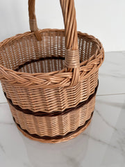 Wicker Shopping Basket, Round Woven Basket with Handle, Willow Market Basket/Picnic, Handwoven Grocery Basket