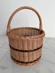 Wicker Shopping Basket, Round Woven Basket with Handle, Willow Market Basket/Picnic, Handwoven Grocery Basket