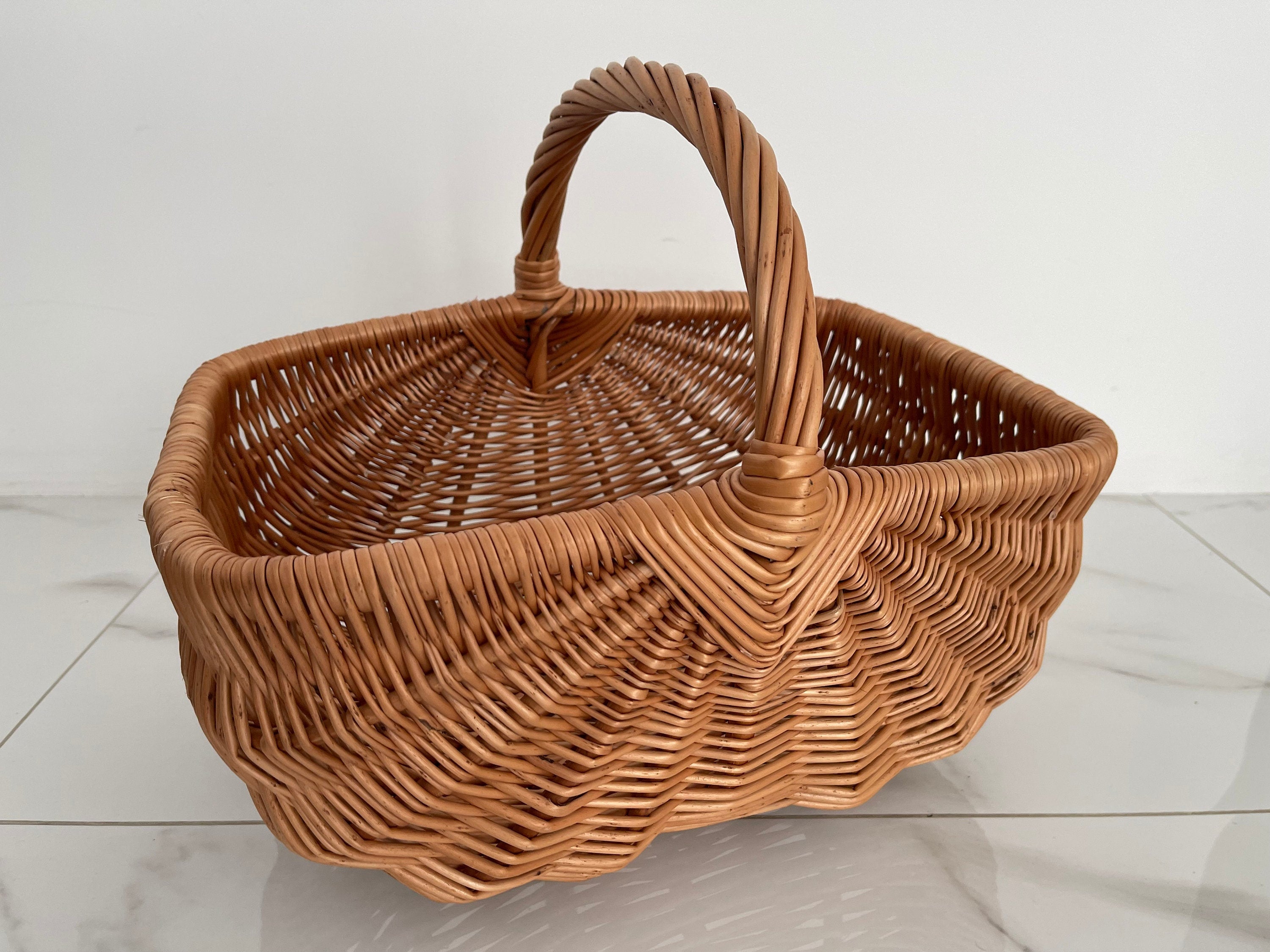 Willow Basket, Woven Wicker Basket, Gathering Basket, Woven Picnic Basket, Rectangular Basket, Grocery Wicker Basket with Handle