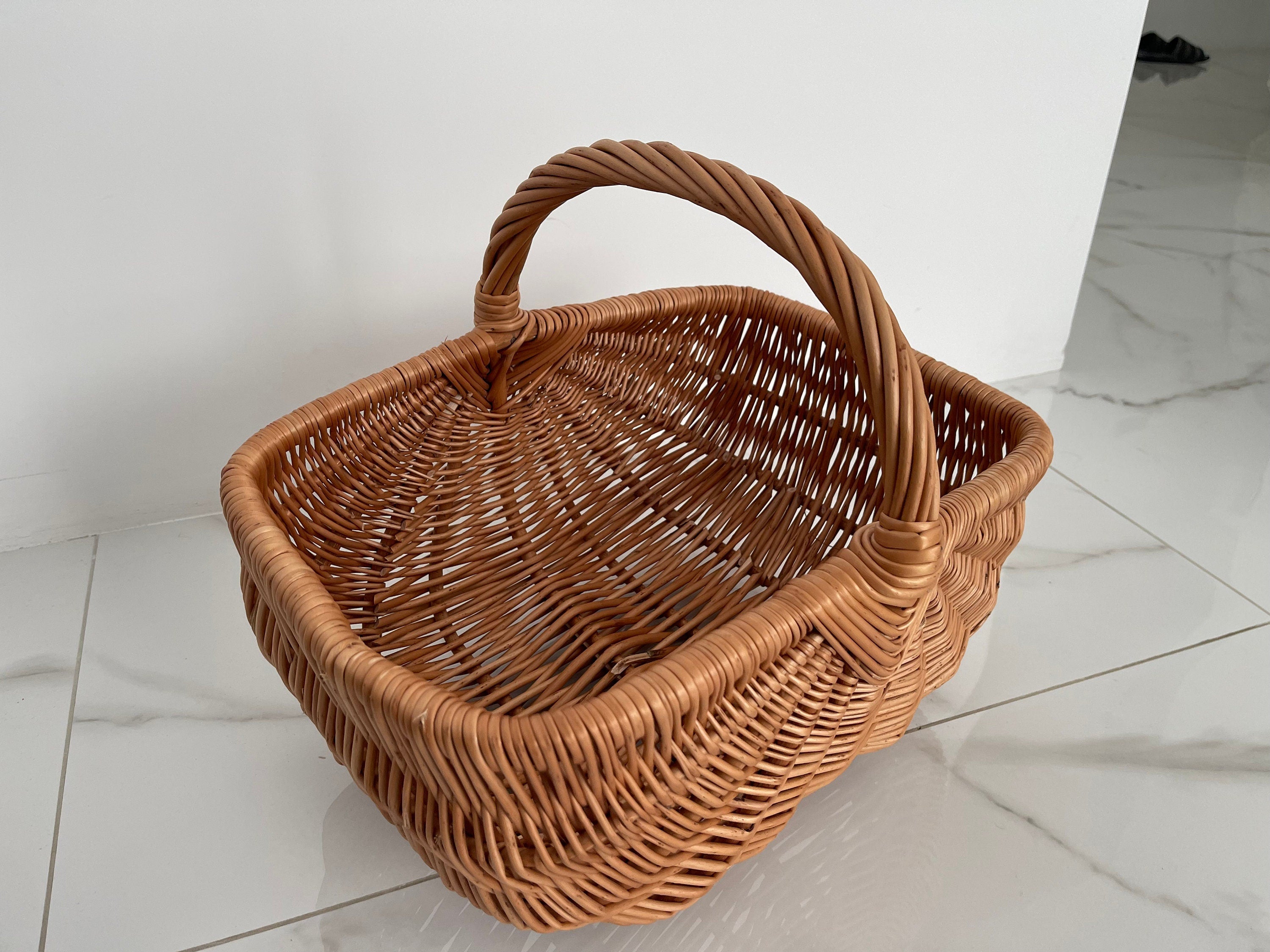 Willow Basket, Woven Wicker Basket, Gathering Basket, Woven Picnic Basket, Rectangular Basket, Grocery Wicker Basket with Handle