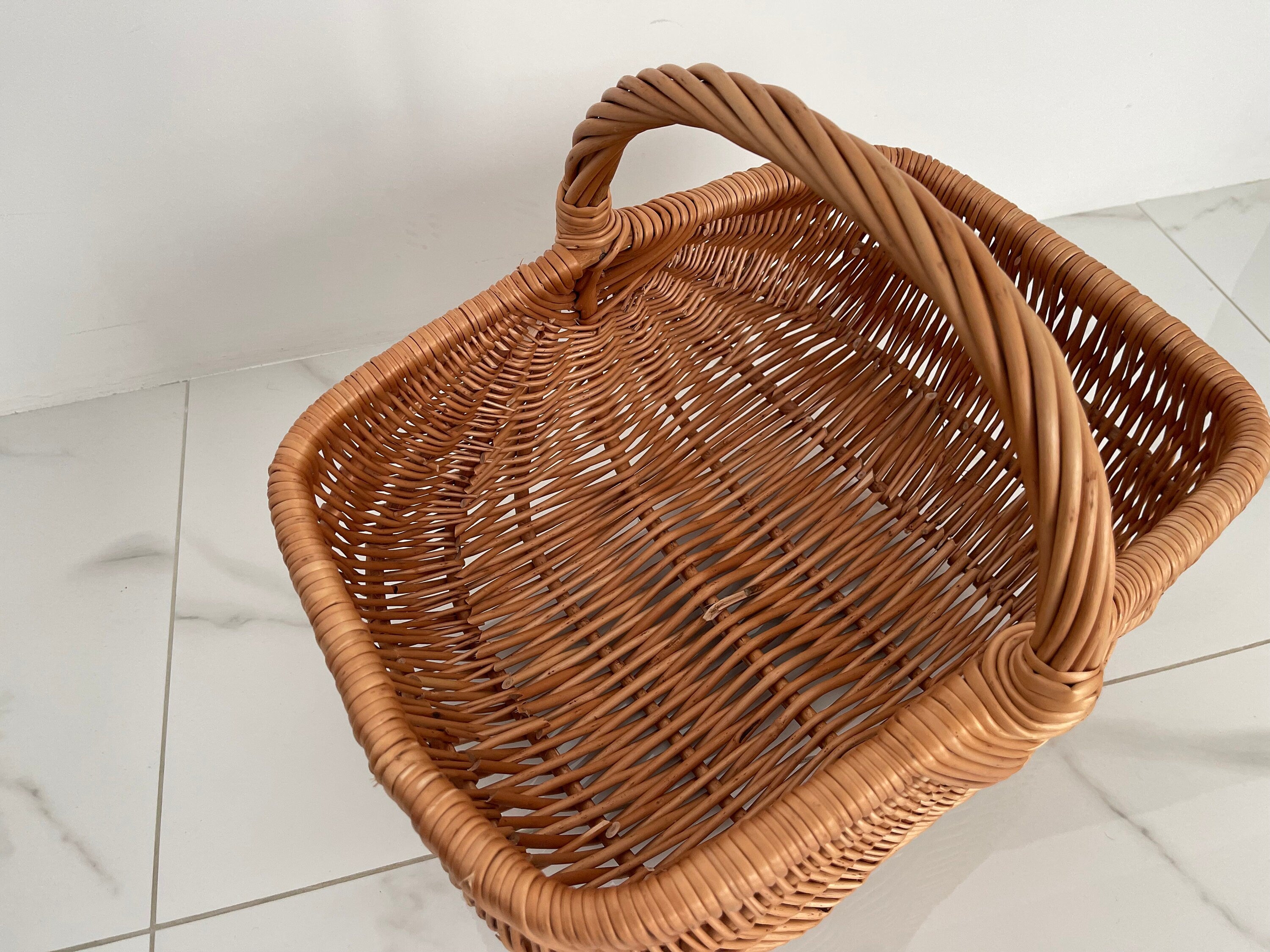 Willow Basket, Woven Wicker Basket, Gathering Basket, Woven Picnic Basket, Rectangular Basket, Grocery Wicker Basket with Handle