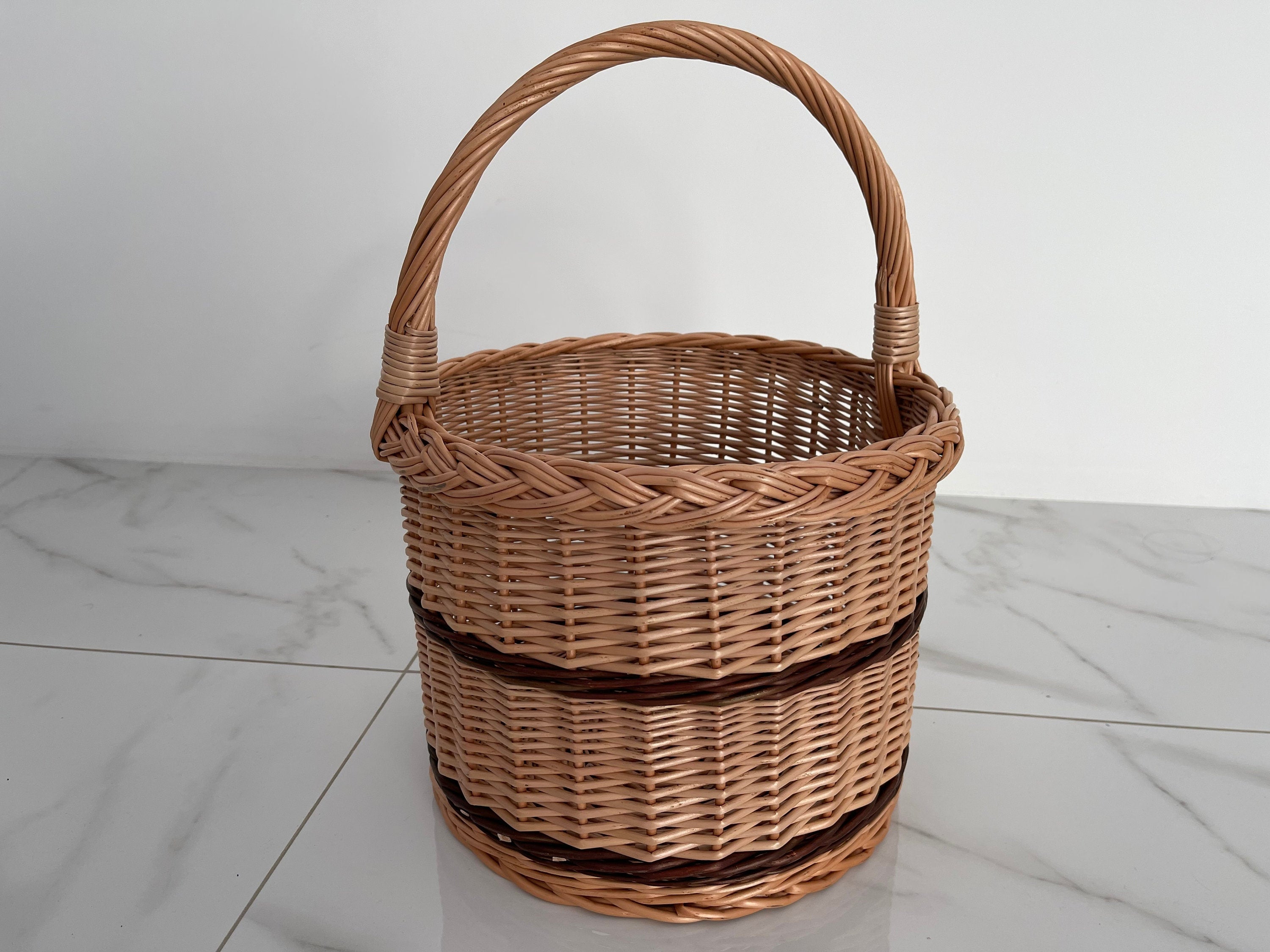 Wicker Shopping Basket, Round Woven Basket with Handle, Willow Market Basket/Picnic, Handwoven Grocery Basket