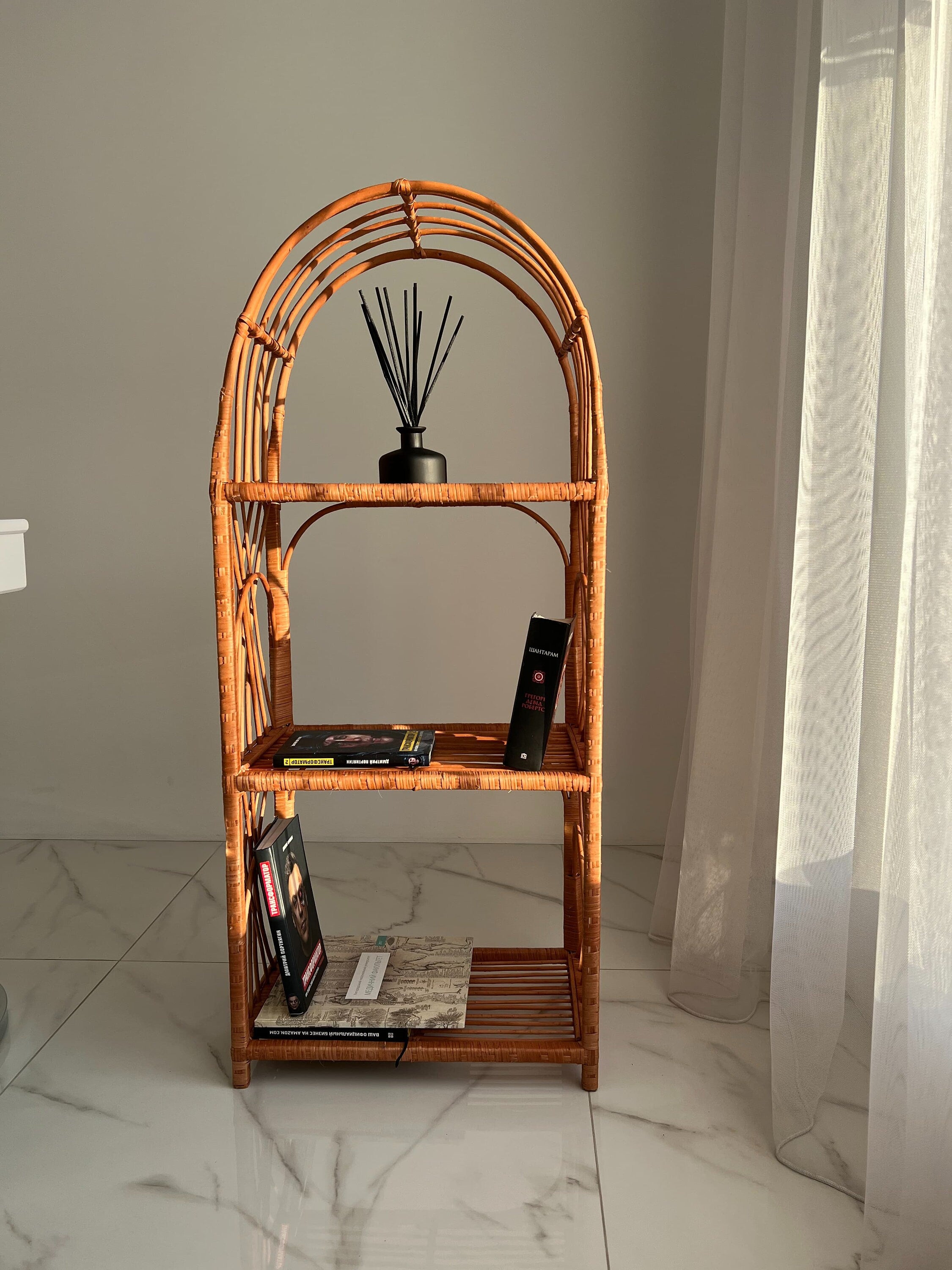 Arched Rattan Shelf, Boho Cabinet, Boho Furniture, Boho Bookshelf, Bohemian Furniture, Wicker Patio, Storage shelf,Plant shelf, Rattan shelf