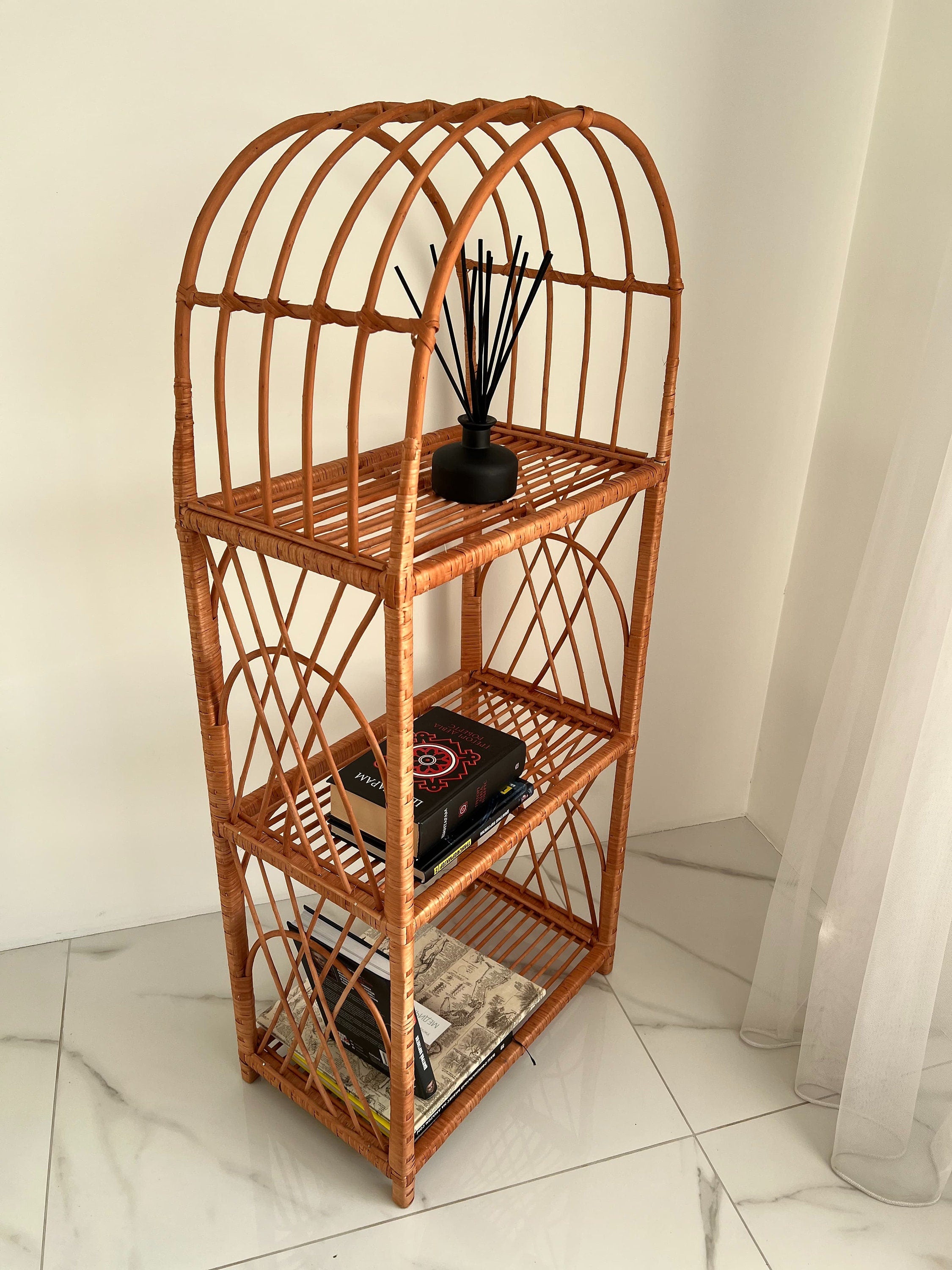 Arched Rattan Shelf, Boho Cabinet, Boho Furniture, Boho Bookshelf, Bohemian Furniture, Wicker Patio, Storage shelf,Plant shelf, Rattan shelf