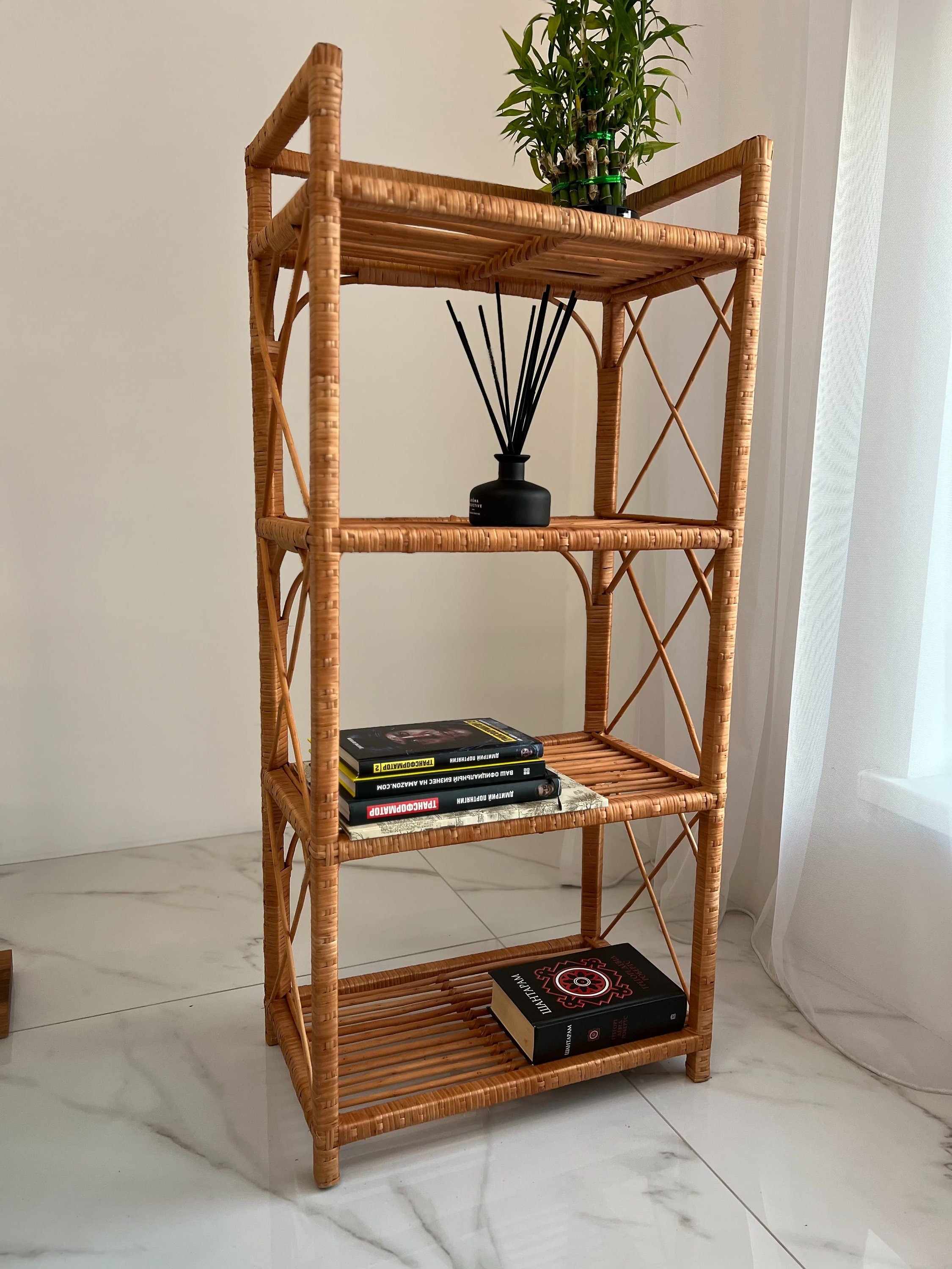 Rack Bookshelf Storage, Shelf Plant, Rattan Shelf, Room Decor, Wicker Bookcase, Rattan Bookshelf, Living room Bookshelves, Boho style Shelf
