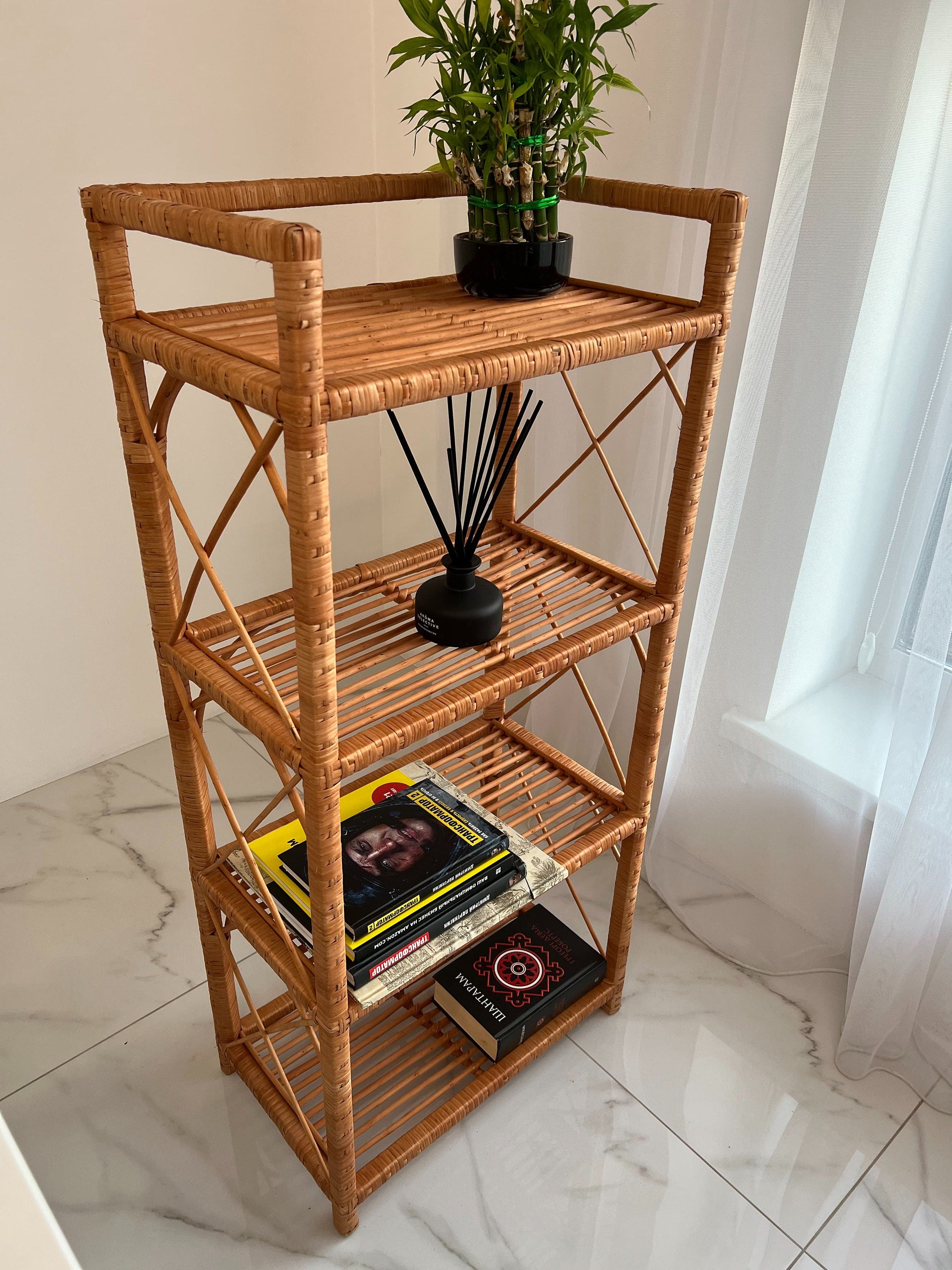 Rack Bookshelf Storage, Shelf Plant, Rattan Shelf, Room Decor, Wicker Bookcase, Rattan Bookshelf, Living room Bookshelves, Boho style Shelf