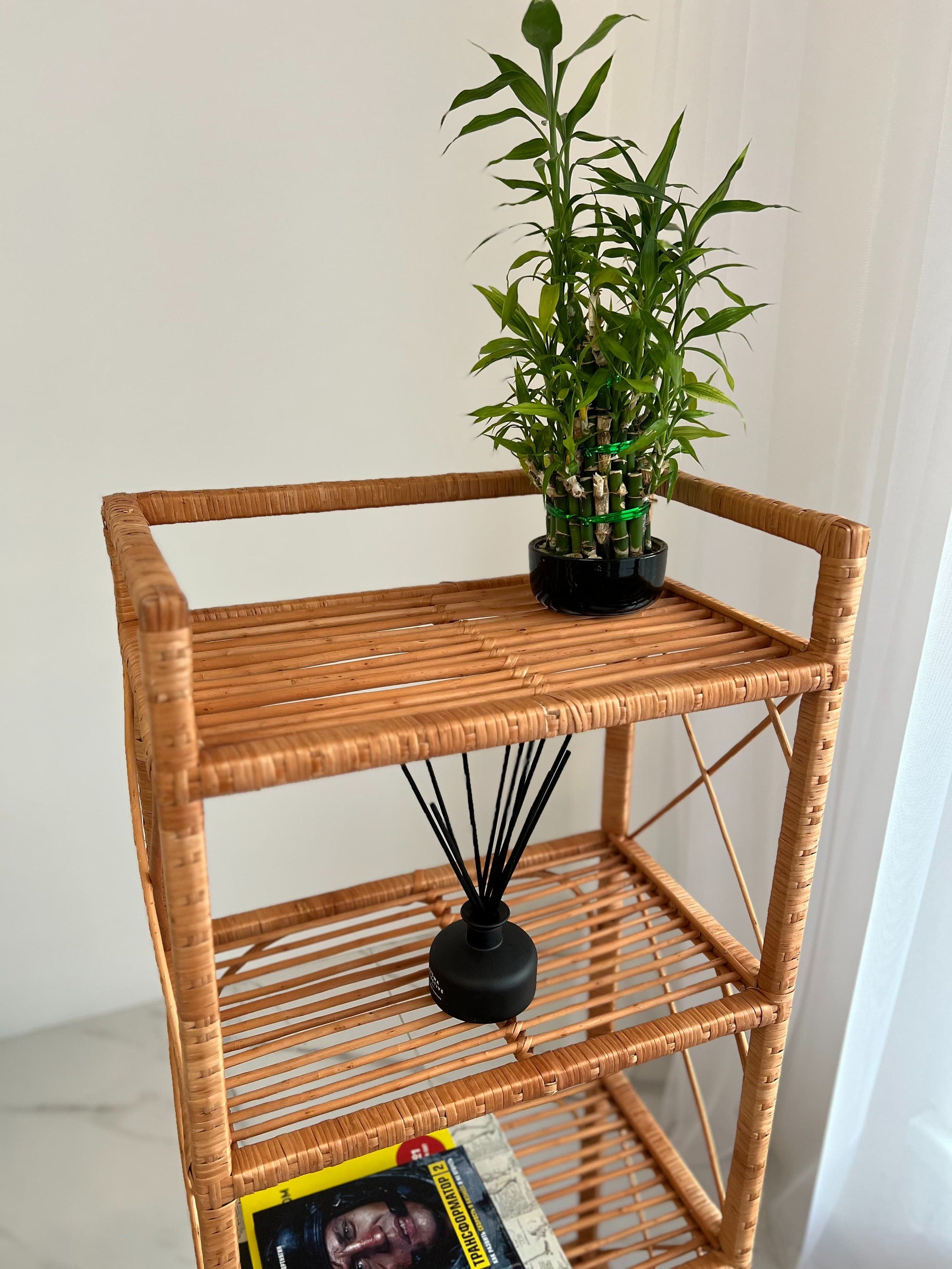 Rack Bookshelf Storage, Shelf Plant, Rattan Shelf, Room Decor, Wicker Bookcase, Rattan Bookshelf, Living room Bookshelves, Boho style Shelf