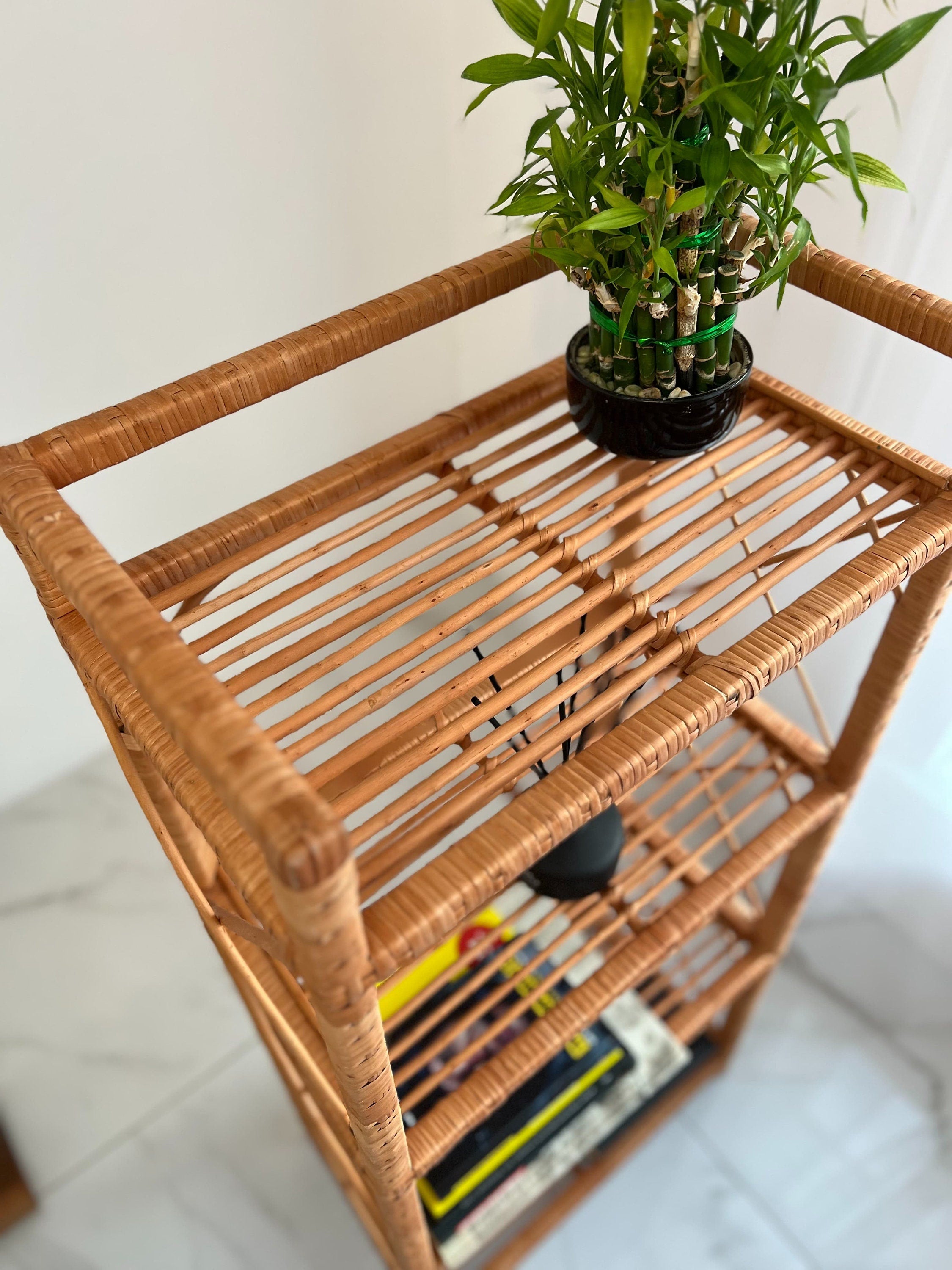 Rack Bookshelf Storage, Shelf Plant, Rattan Shelf, Room Decor, Wicker Bookcase, Rattan Bookshelf, Living room Bookshelves, Boho style Shelf