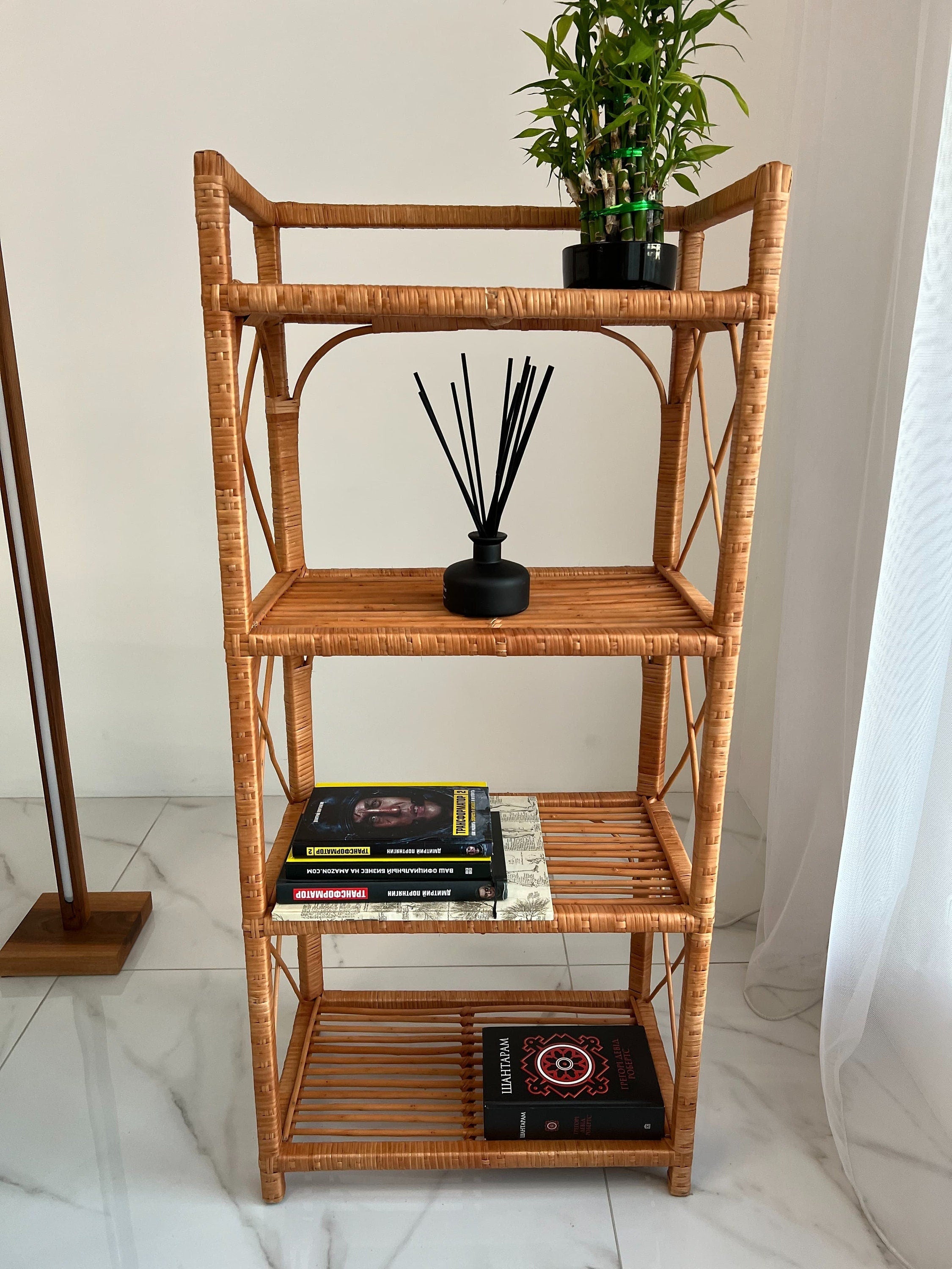 Rack Bookshelf Storage, Shelf Plant, Rattan Shelf, Room Decor, Wicker Bookcase, Rattan Bookshelf, Living room Bookshelves, Boho style Shelf