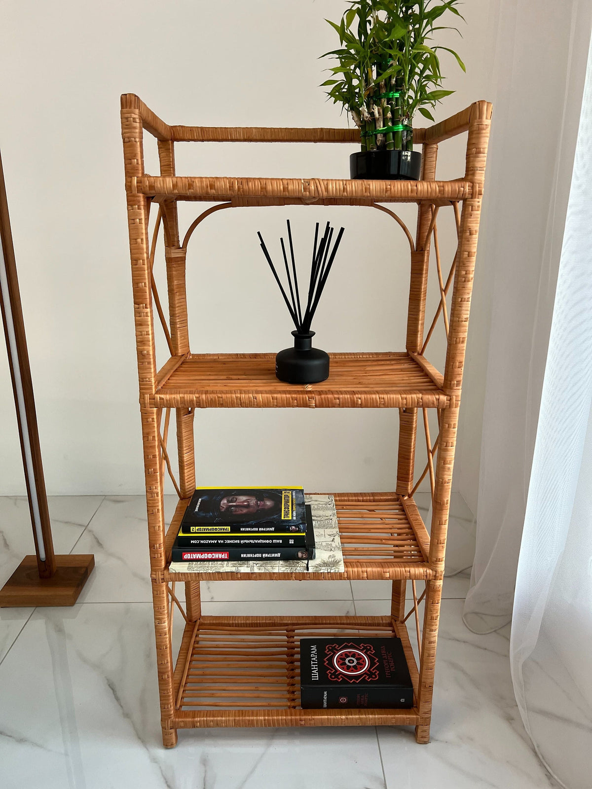 Rack Bookshelf Storage, Shelf Plant, Rattan Shelf, Room Decor, Wicker Bookcase, Rattan Bookshelf, Living room Bookshelves, Boho style Shelf