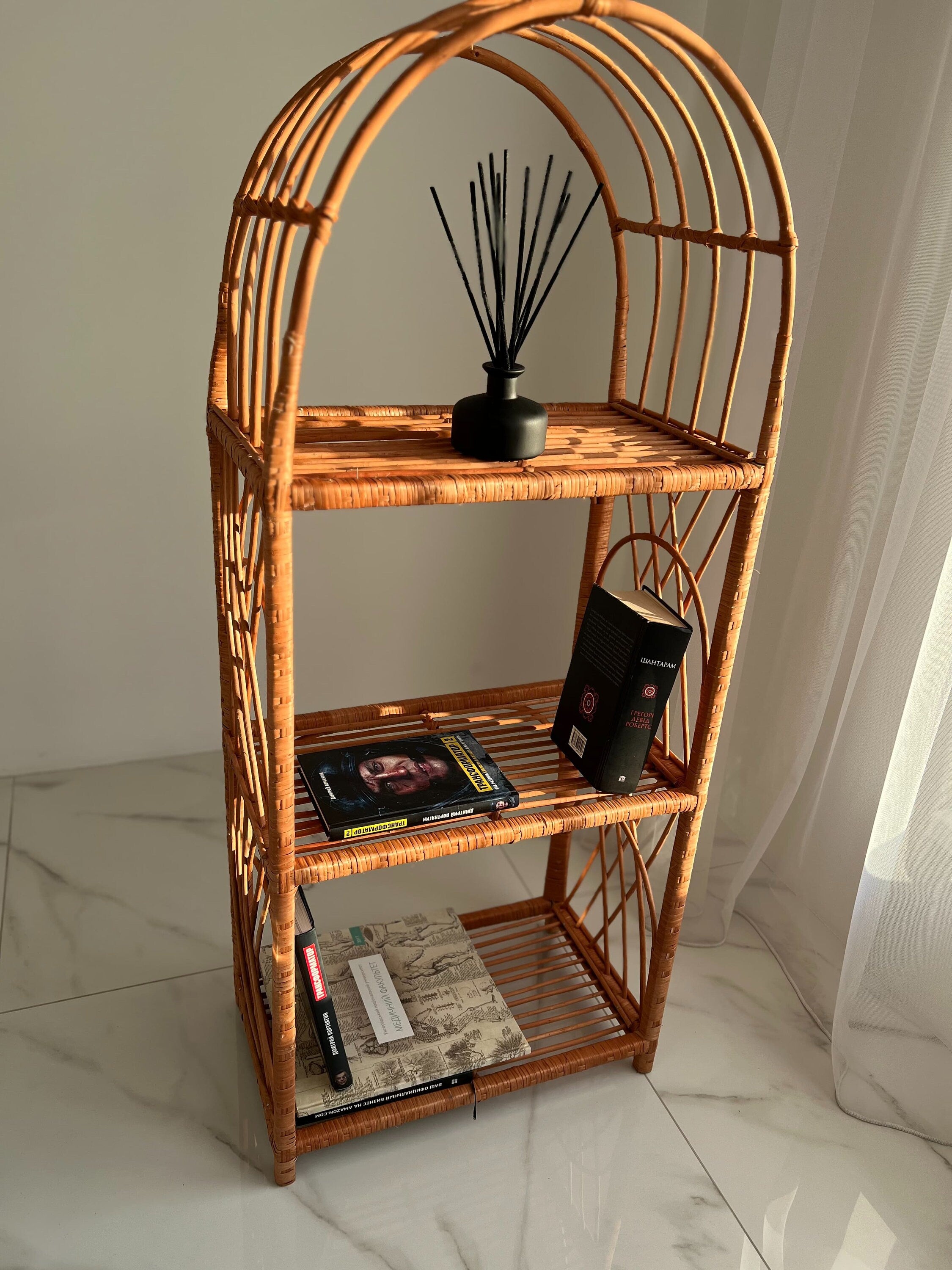 Arched Rattan Shelf, Boho Cabinet, Boho Furniture, Boho Bookshelf, Bohemian Furniture, Wicker Patio, Storage shelf,Plant shelf, Rattan shelf