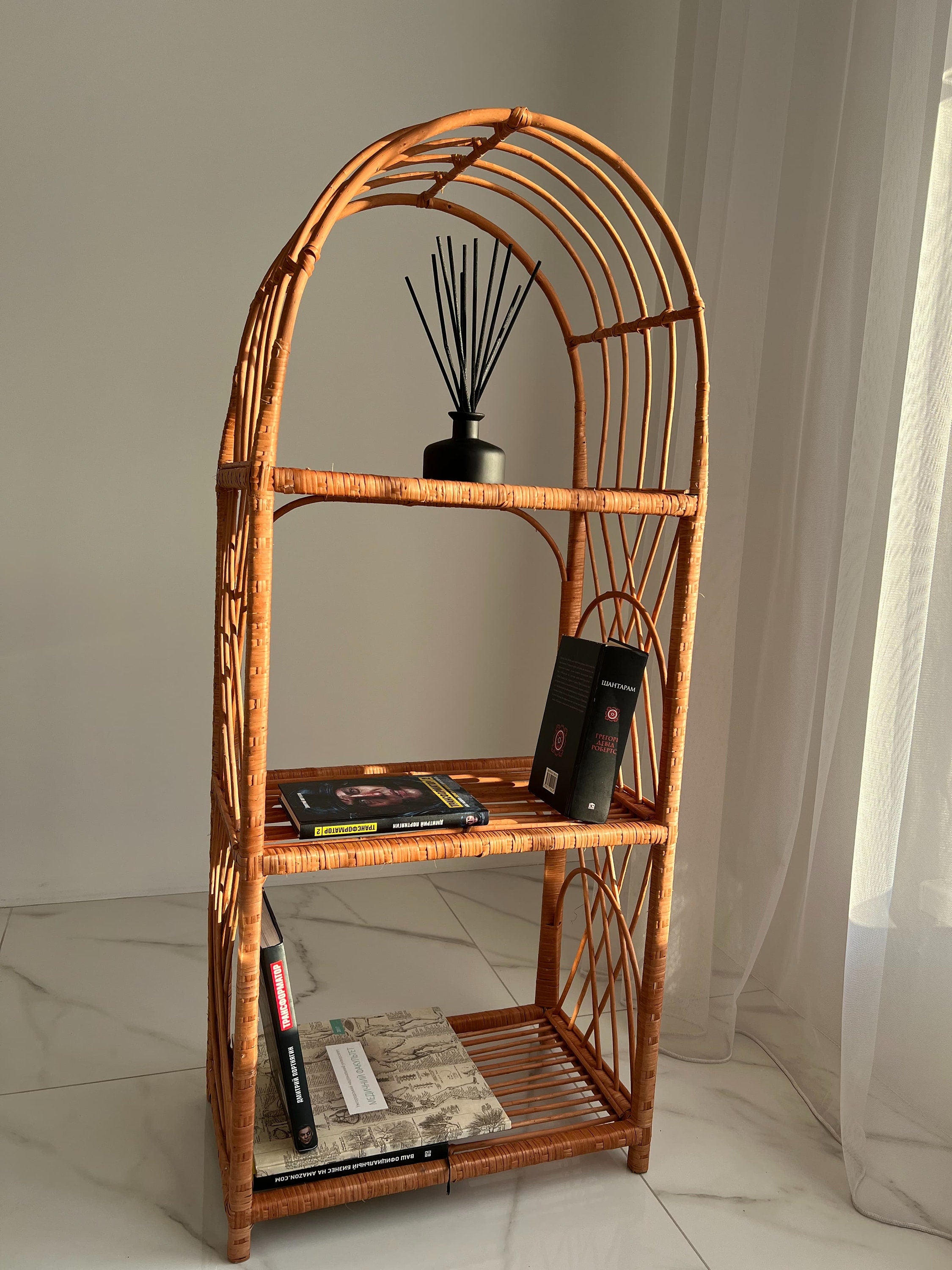 Arched Rattan Shelf, Boho Cabinet, Boho Furniture, Boho Bookshelf, Bohemian Furniture, Wicker Patio, Storage shelf,Plant shelf, Rattan shelf