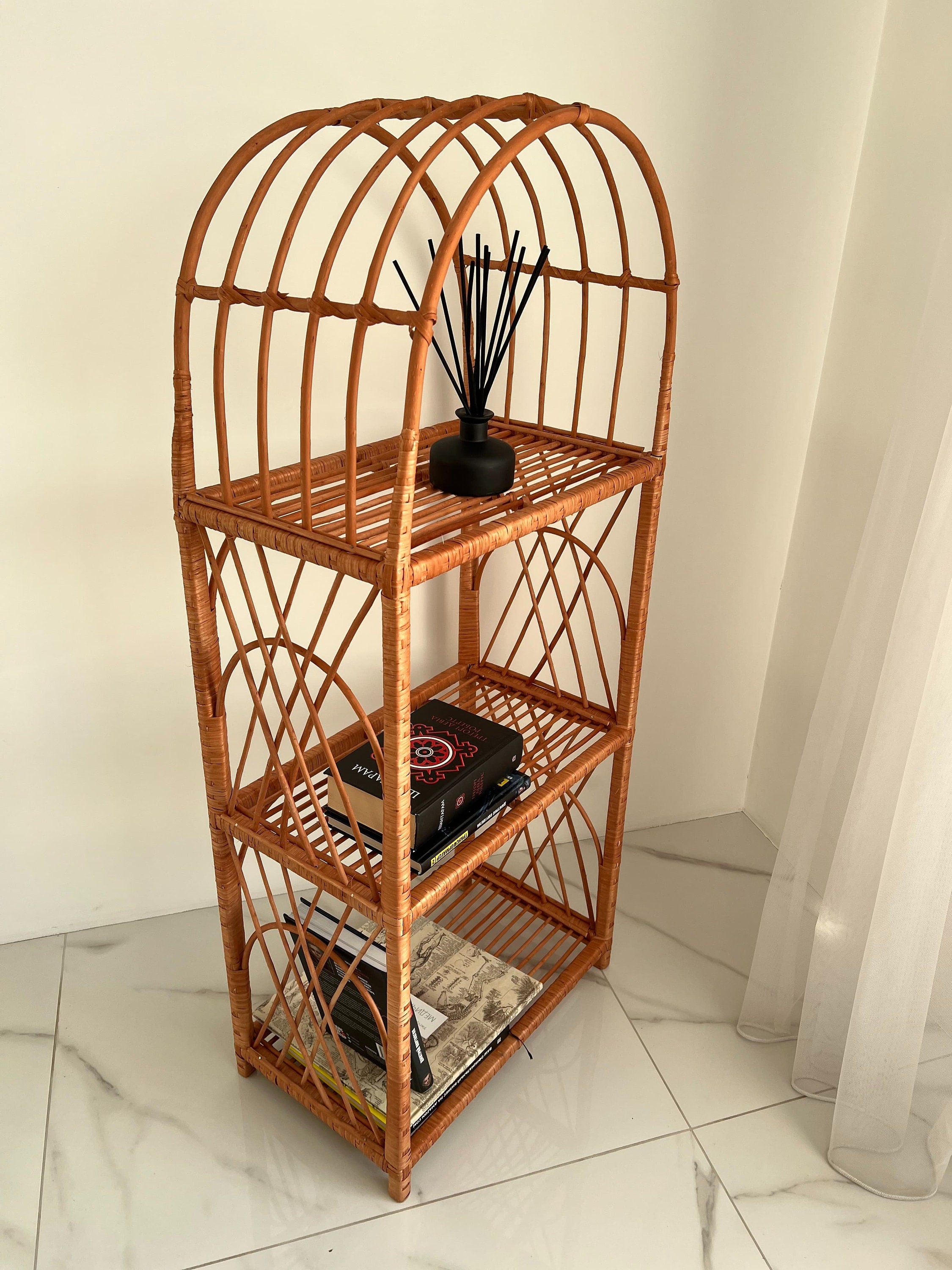 Arched Rattan Shelf, Boho Cabinet, Boho Furniture, Boho Bookshelf, Bohemian Furniture, Wicker Patio, Storage shelf,Plant shelf, Rattan shelf