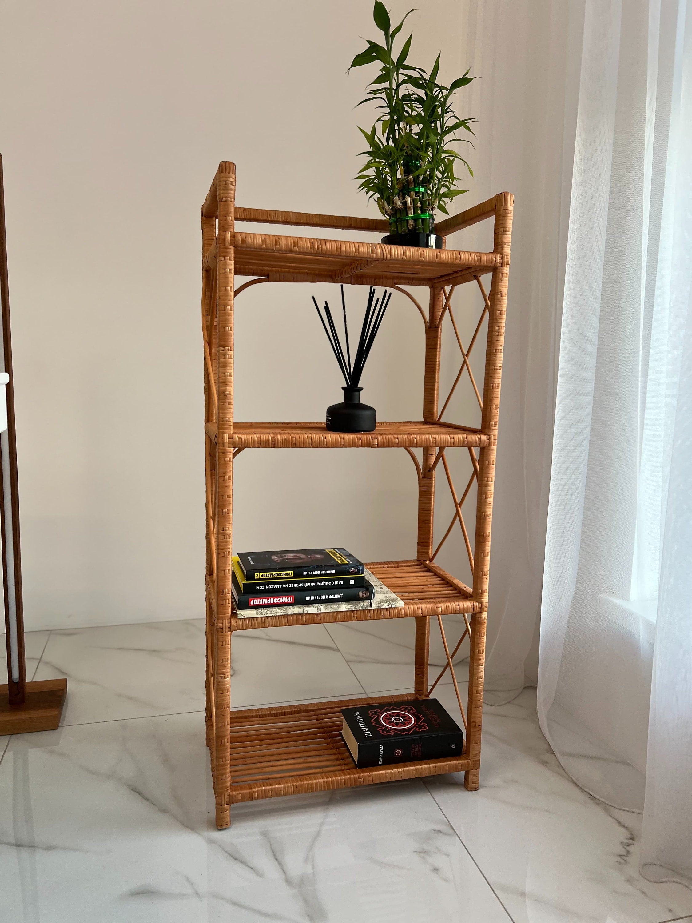 Rack Bookshelf Storage, Shelf Plant, Rattan Shelf, Room Decor, Wicker Bookcase, Rattan Bookshelf, Living room Bookshelves, Boho style Shelf