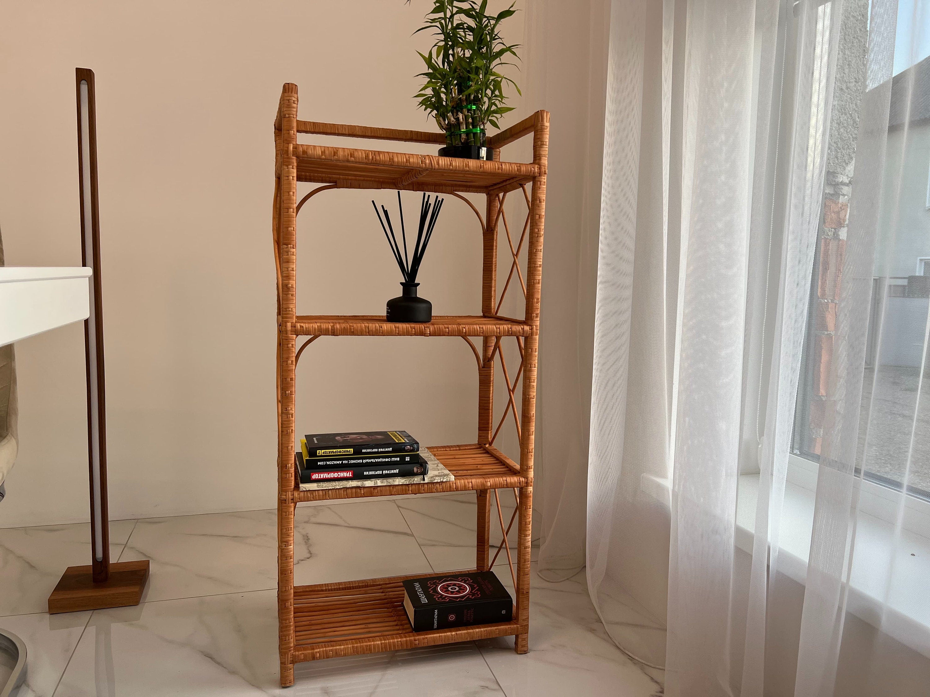 Rack Bookshelf Storage, Shelf Plant, Rattan Shelf, Room Decor, Wicker Bookcase, Rattan Bookshelf, Living room Bookshelves, Boho style Shelf