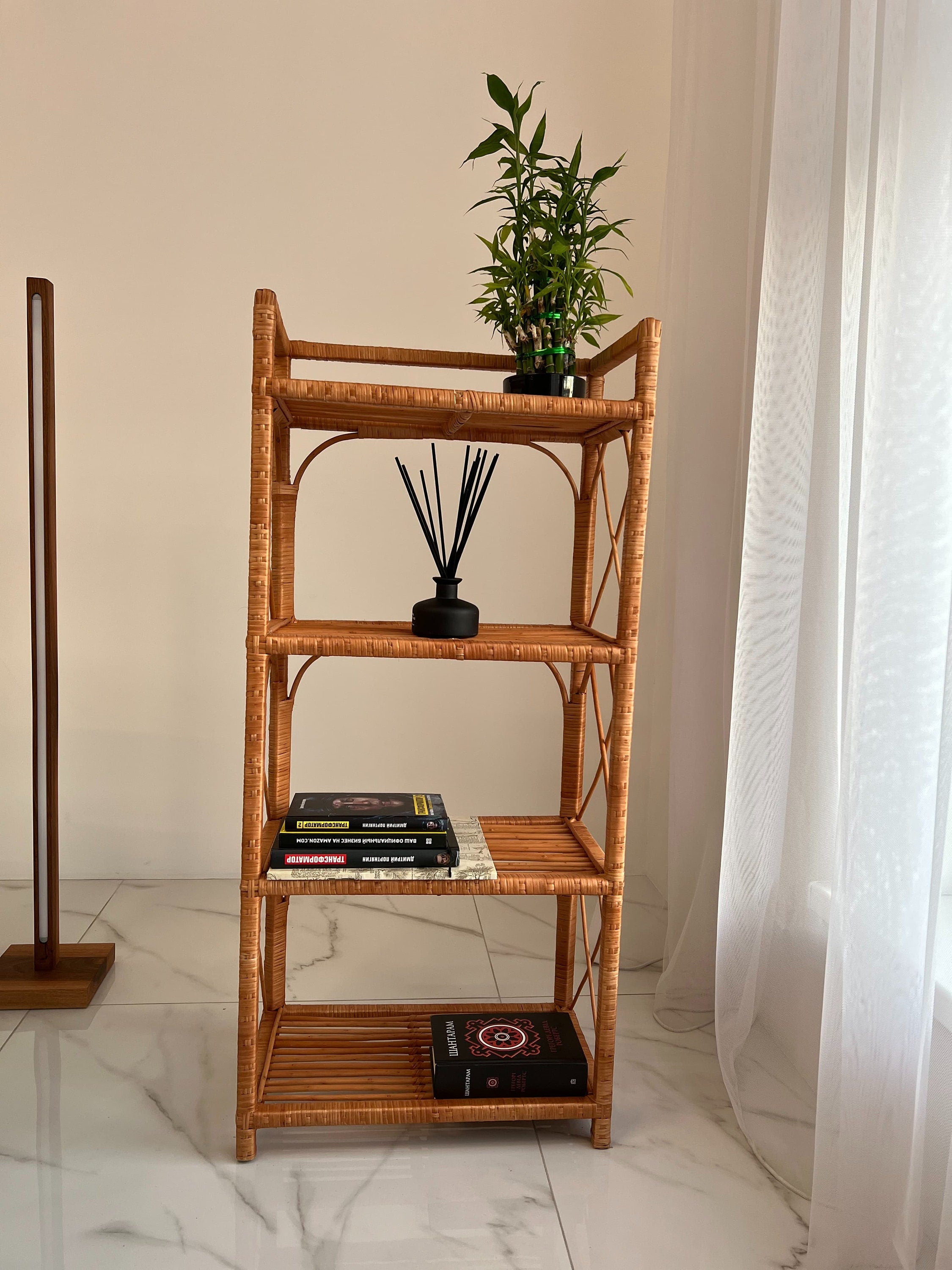 Rack Bookshelf Storage, Shelf Plant, Rattan Shelf, Room Decor, Wicker Bookcase, Rattan Bookshelf, Living room Bookshelves, Boho style Shelf
