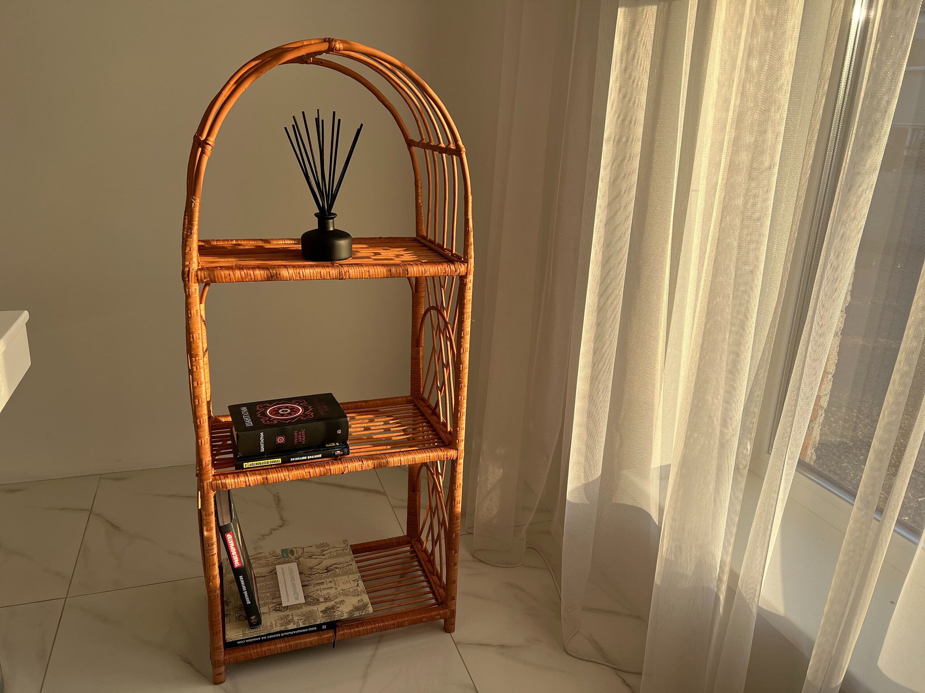 Arched Rattan Shelf, Boho Cabinet, Boho Furniture, Boho Bookshelf, Bohemian Furniture, Wicker Patio, Storage shelf,Plant shelf, Rattan shelf