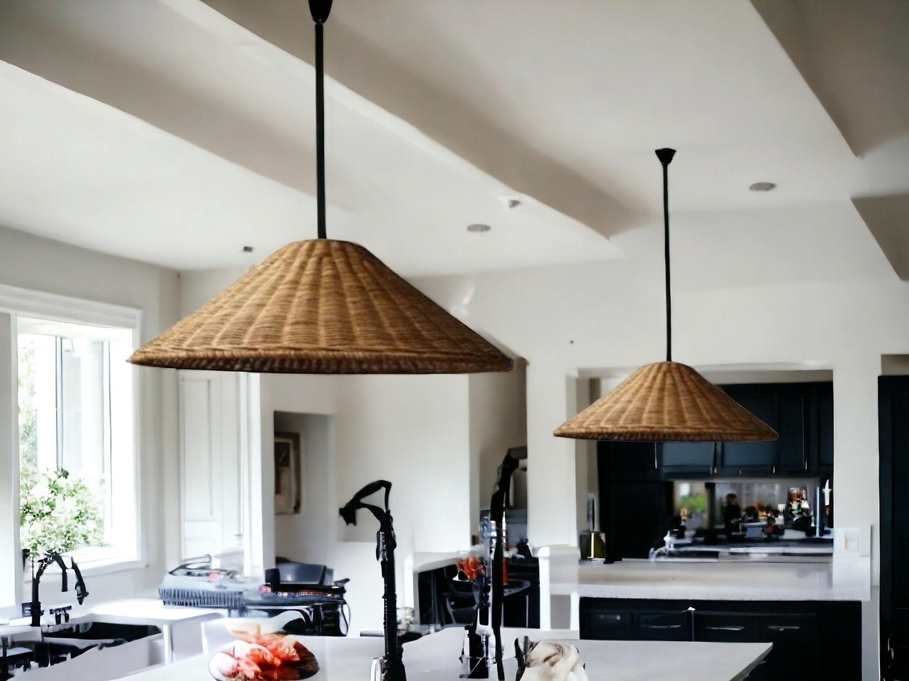 Shade Woven Rattan Light, Rattan Cone Lamp, Vintage Kitchen Lamp, Brown Beige Rattan Pendant Lights