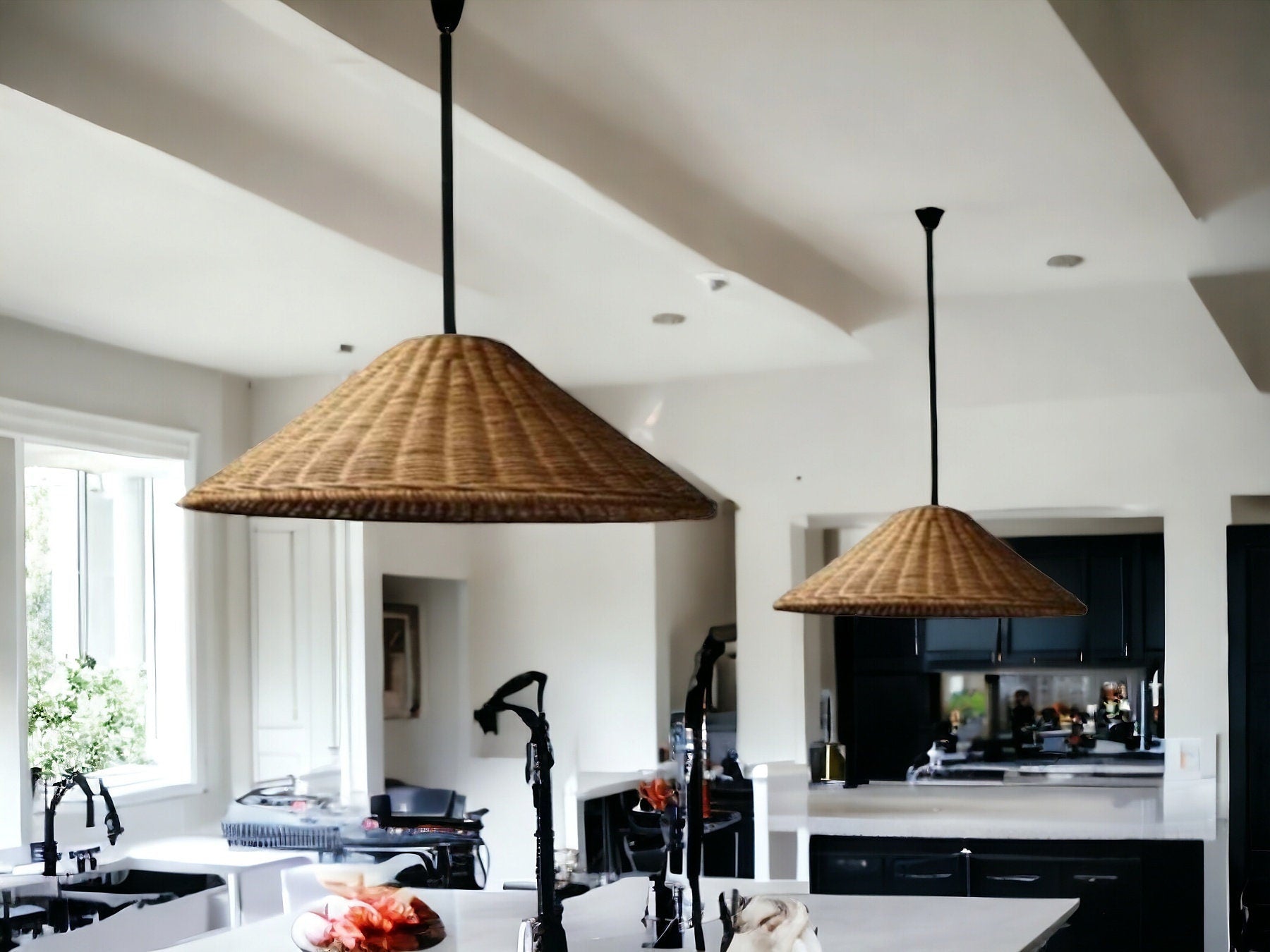 Rattan Cone Lamp Shade Woven Rattan Light Vintage Kitchen Lamp, Brown Beige Rattan Pendant Lights