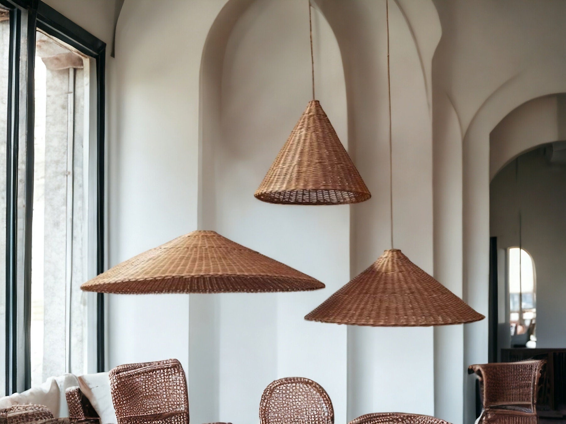 Rattan Cone Lamp Shade Woven Rattan Light Vintage Kitchen Lamp, Brown Beige Rattan Pendant Lights