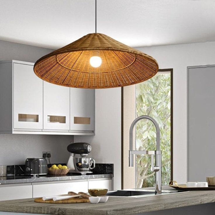 Rattan Cone Lamp Shade Woven Rattan Light Vintage Kitchen Lamp, Brown Beige Rattan Pendant Lights